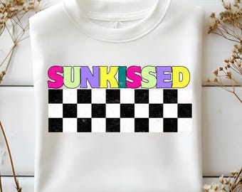 Neon Sunkissed PNG, Checkered Summer Beach PNG, Bright Vacation Shirt Design, Tanned Summertime PNG, Women’s Neon Varsity Style, Retro,