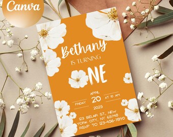 May include: A yellow and white floral birthday invitation for Bethany's first birthday party. The invitation includes the text "Bethany is turning one" and details about the party, including the date, time, and location.