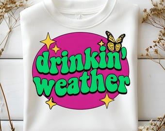 Drinkin' Weather PNG | Retro Summer Vibes Teal & Hot Pink PNG | Trendy Sunkissed Margarita Weather Distressed Sublimation Design, Retro