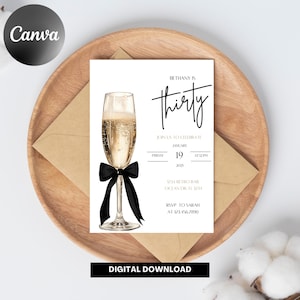Elegant svart kokett 30-årsinbjudningsmall | Redigerbar festinbjudan till Dirty Thirty | Design i svart champagne | Skål för Thirty