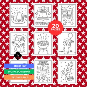 4th of July Coloring Pages for Kids – 20 Printable Patriotic Sheets | Instant Download PDF | Fourth of July Party & Holiday Activity USA