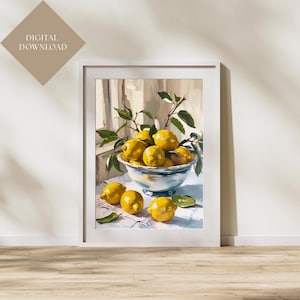 Printable Lemons in a Bowl Painting | Kitchen Wall Art | Vintage Lemon Oil Print | Lemon Still Life | Digital Download Decor, Orange print