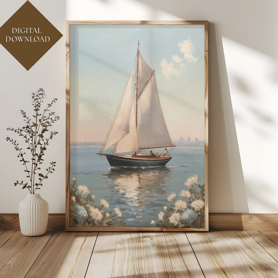 Vintage Sailboat Wall Art Printable | Nautical Seascape Painting | Lake ...