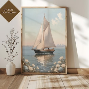 Vintage Sailboat Wall Art Printable | Nautical Seascape Painting | Lake House Decor | Coastal Summer Digital Download Sea Landscape |Digital
