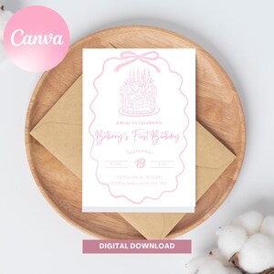 Coquette Blush Pink Bow 1st Birthday Invitation Template for Girls, Printable Girly & Whimsical First Birthday Invite, Doodle Design