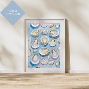 Decorazione murale con conchiglie di ostriche stampabile / Decorazione da cucina costiera blu pastello / Arte astratta per sala da pranzo in stile casa sulla spiaggia / Pittura estiva con conchiglie preppy