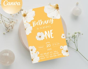 May include: Yellow and white floral birthday invitation for Bethany's first birthday party. The invitation includes the date, time, and location of the party. RSVP information is also included.