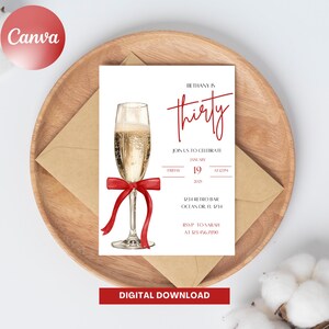 Plantilla de invitación elegante para el 30.° cumpleaños de Red Coquette / Invitación a fiesta editable Dirty Thirty / Diseño digital con champán / Salud por los treinta