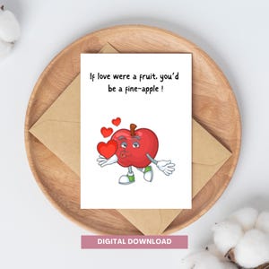 Tarjeta divertida para el día de San Valentín / Si fueras una fruta, serías una manzana fina / Tarjeta con un juego de palabras para imprimir / Tarjeta divertida con un juego de palabras para descargar / Tarjeta de aniversario