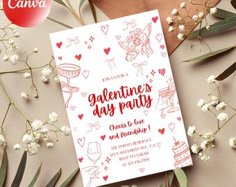 Faire-part pour la Saint-Valentin, modèle modifiable d'invitation à une fête de la Saint-Valentin, soirée entre filles de la Saint-Valentin, coquette de Cupidon dessinée à la main griffonnage, toile modifier