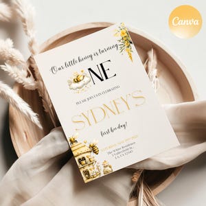 Bee First Birthday Invitation | Our Little Honey 1st Bee-Day Invite Cute Bumble Bee Birthday Party Invitation | Printable Bee Theme Birthday