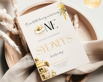 Eerste verjaardagsuitnodiging bij | Onze Little Honey 1e Bee-Day nodigt uit voor een schattige Bumble Bee-verjaardagsuitnodiging | Afdrukbare bijenthema verjaardag