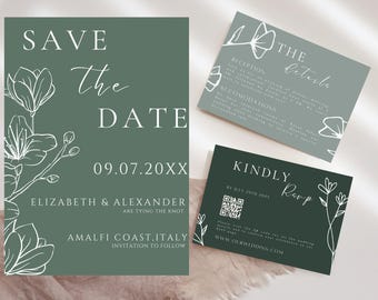 Sage Green Wedding Invitation Template | Elegant Olive Green Printable Suite DIY | Canva Editable Wedding Invite Set | Minimalist Greenery