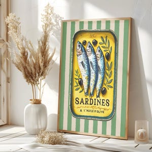 Retro Sardines Tin Print – Vintage Fish Poster, Eclectic Kitchen Wall Art, Colorful Maximalist Decor, Quirky Seafood Illustration, Bistro