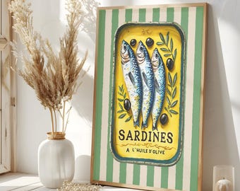 Retro Sardines Tin Print – Vintage Fish Poster, Eclectic Kitchen Wall Art, Colorful Maximalist Decor, Quirky Seafood Illustration, Bistro