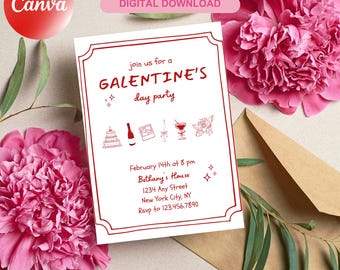 Galentine's Day Party Invitation Template, Girly Galentine's Invite, Galentine Invite with Coquette,  Girls Night, Whimsical Invite, Doodle