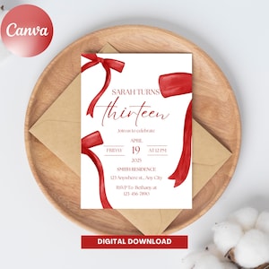 Elegante invito per il 13° compleanno / invito di compleanno con fiocco rosso per ragazza adolescente / invito per la festa di compleanno di 21° compleanno Coquette, 16°, 30° compleanno