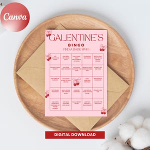 Galentine's Day Bingo Vorlage | Hand gezeichnete Kirsche, wunderliche bearbeitbare herzförmige Valentinstag Bingokarte | Druckbares 5x7 Partyspiel GB1