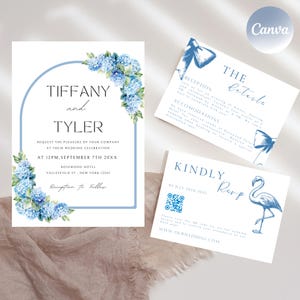 Coastal Hydrangea Wedding Invitation Bundle | Hand-Drawn Vintage Wedding Templates for Garden & Spring Weddings | Canva Digital Download