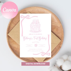 Coquette Blush Pink Coquette Bow 1st Birthday Invitation Template for Girls, Printable Girly First Birthday Invitation, Doodle, Whimsical