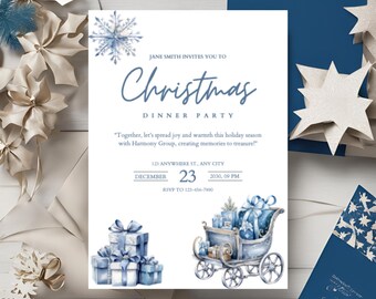 Blue Christmas Dinner Invitation | Editable Holiday Party Template | Winter Wonderland Dinner Invite | Instant Download & Printable| Modern|