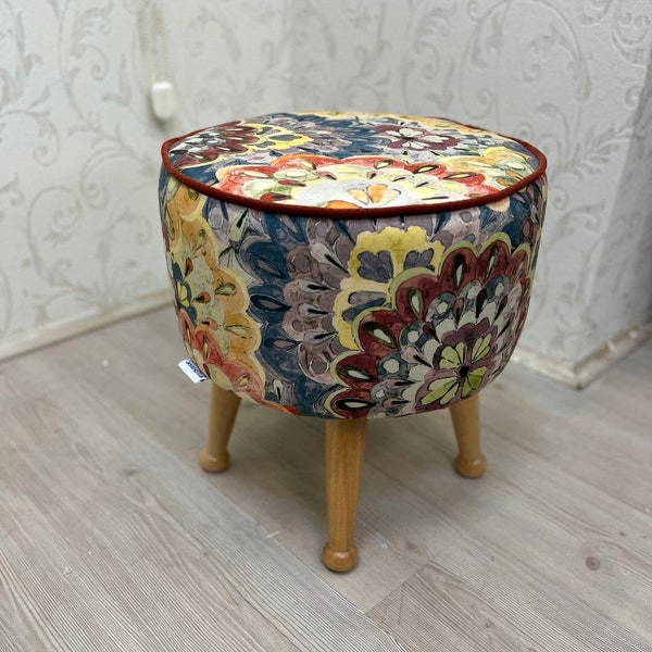 Handmade Ottoman with Flower Patterned Fabric Pouf