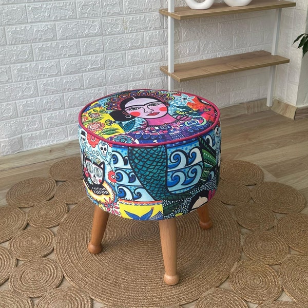 Stool-Frida Kahlo Patterned, Cotton Style, Boho Style, Living Room, Hall, Office, Decor,Mother's Day Gift