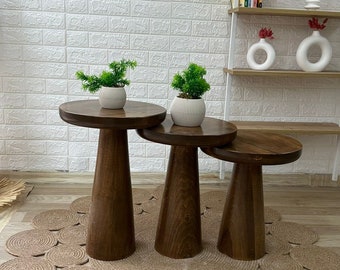Wooden Mushroom Coffee Table, Walnut Side Table, Fungi Round Coffee Table, Polished Table, Plant Table, Plant Stand, Home Decor