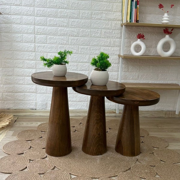 Table basse champignon en bois, table d'appoint en noyer, table basse ronde champignons, table polie, table pour plantes, support pour plante, décoration d'intérieur