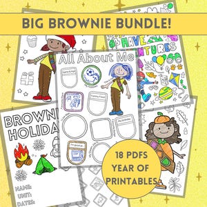 Puede incluir: Un conjunto de 18 archivos PDF imprimibles para Brownie Girl Scouts. Las páginas imprimibles presentan una variedad de actividades, que incluyen páginas para colorear, páginas de "Todo sobre mí" y una página de Brownie Holiday. El texto "BIG BROWNIE BUNDLE!" y "18 PDFS YEAR OF PRINTABLES" está incluido en la imagen.