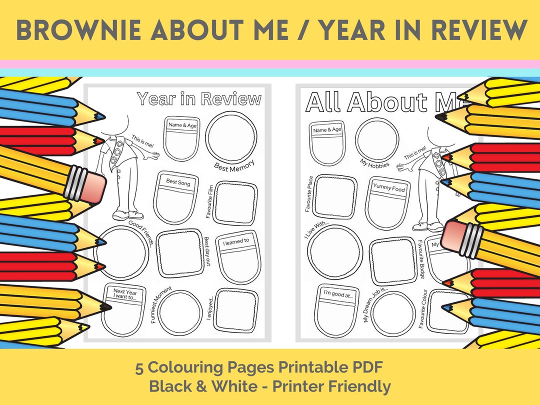 Printable About Me Year in Review New Years Goals Brownie Colouring
