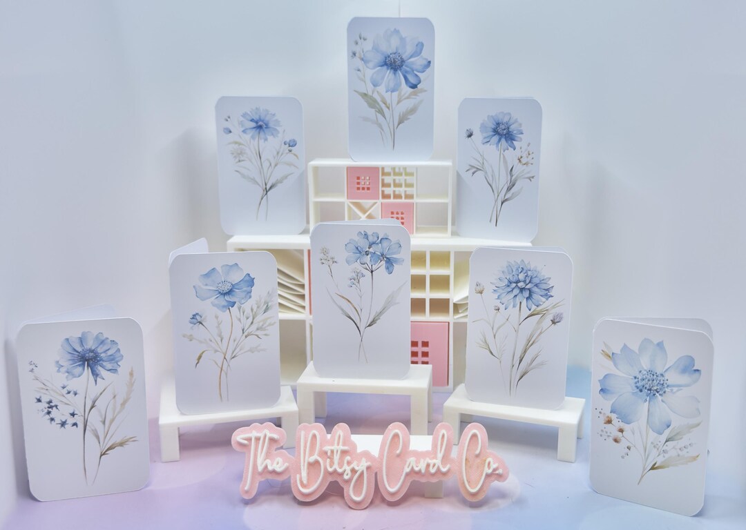 Simple Blue Floral Mini Card Set - 8 Blank Cards With Envelopes, Case ...