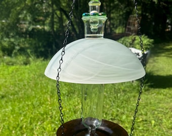 Frosted Glass Hanging Bird Feeder – Upcycled Vintage Garden Art with Decorative Gems on Top.