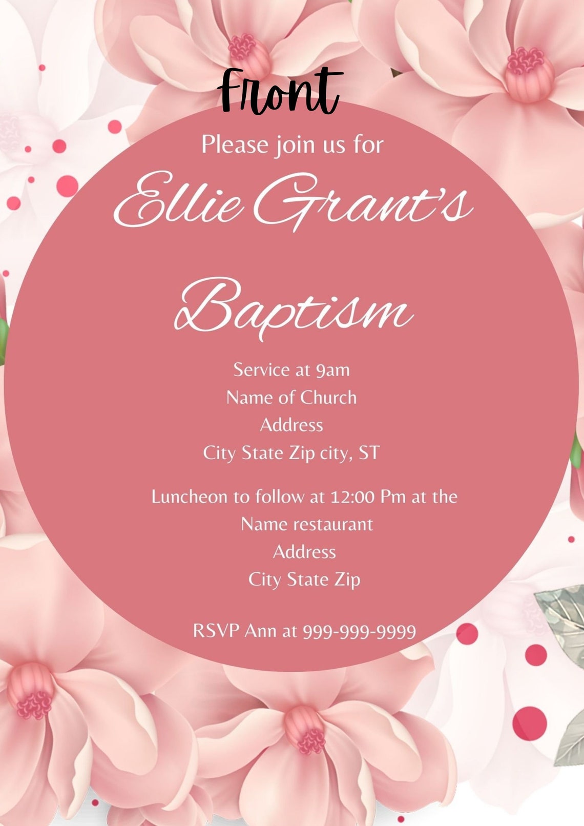 Pink Flower Baptism Invitation Png Digital Download Etsy
