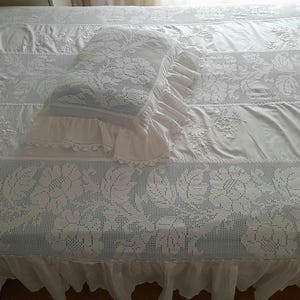 Vintage bedspread with pillowcase,  hand embroidered cotton and crochet lace