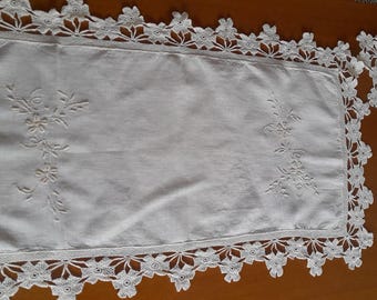 Elegant handmade beige linen table runner, embroidery and crochet.