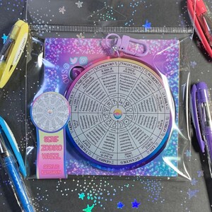 Porte-clés à clip en acrylique représentant une roue des signes du zodiaque serif et des maisons --- breloque imprimé recto-verso