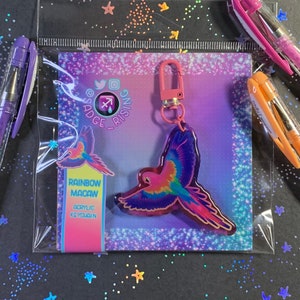 Rainbow Macaw Parrot Acrylic Clip Keychain --- Double-Sided Print Charm