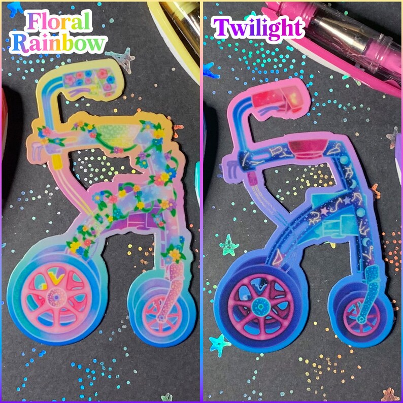 A collage of two rolling walker devices, one floral-themed and the other space-themed.
