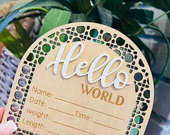 Baby Arrival Sign, Hello World sign, Engraved Baby Name Plaque, Birth Gifts, Baby Photo Prop, Baby Announcement