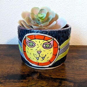 May include: A ceramic planter with a black background and a yellow cat face with green eyes and pink ears. The cat face is surrounded by a red circle with a yellow outline. The planter has three stripes of green, purple, and yellow around the top.
