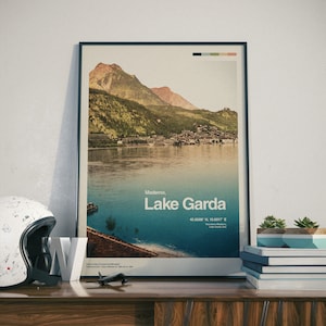 Maderno, Lago di Garda - Poster di design paesaggistico italiano / Arte murale / Decorazione / Fotografia di viaggio vintage / Retro / Stampa di poster di metà secolo