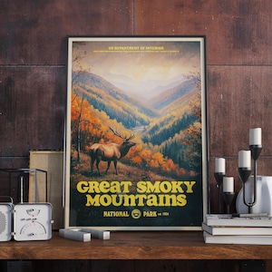 Pôster vintage do Parque Nacional das Grandes Montanhas Fumegantes, arte de parede retrô para caminhadas, impressão de vida selvagem de alces, decoração de cabana rústica, arte de paisagem de outono