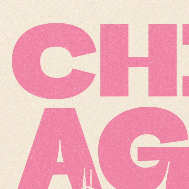 Chicago Illinois illustratie print, retro stad schets kunst aan de muur in rood, blauw, groen, roze afbeelding 12