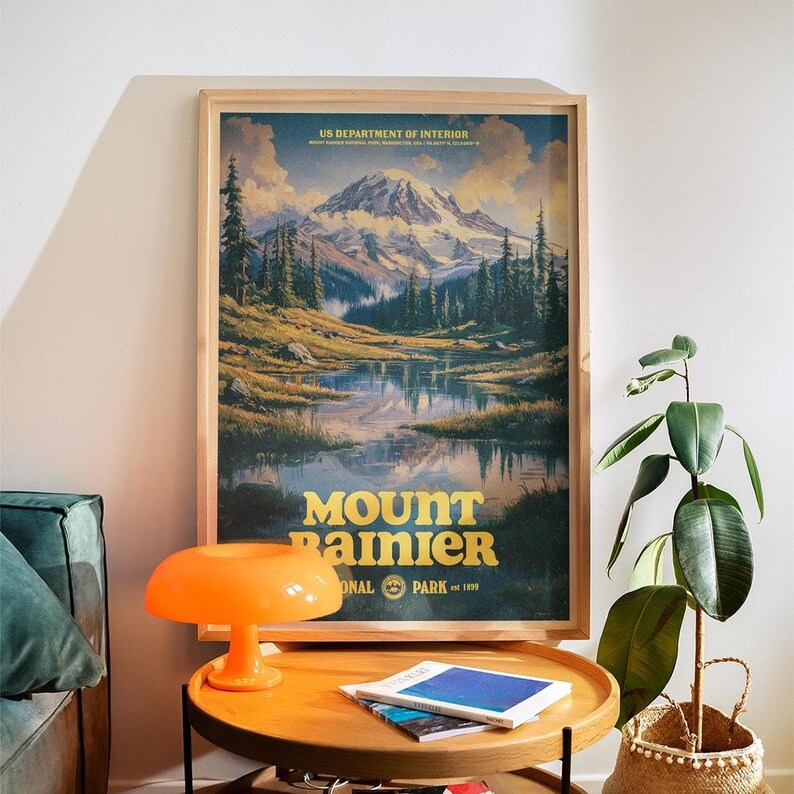 Vintage Mount Rainier National Park Poster, Retro Travel Print, Alpine Wilderness Wall Art, Hiking Decor, Pacific Northwest Nature Gift image 2