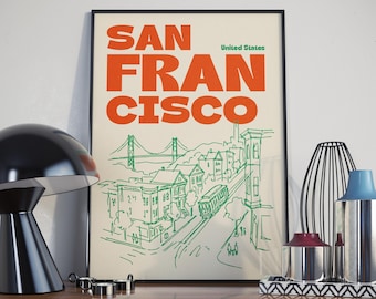 San Francisco, Verenigde Staten illustratie print, retro stad schets muurkunst in roze, blauw of groen