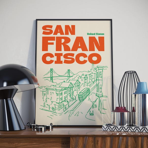 San Francisco United States Illustration Print, Retro City Sketch Wall Art in Pink, Blue or Green