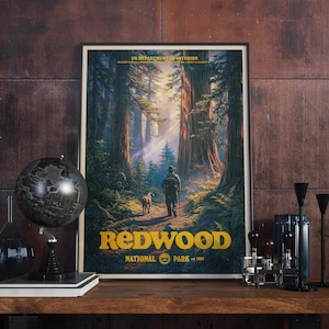 Vintage Redwood National Park Poster, Retro Travel Print, Wilderness Hiking Art, Forest Adventure Wall Decor, Gift for Nature Lovers