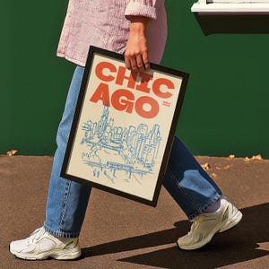 Chicago Illinois illustratie print, retro stad schets kunst aan de muur in rood, blauw, groen, roze afbeelding 11