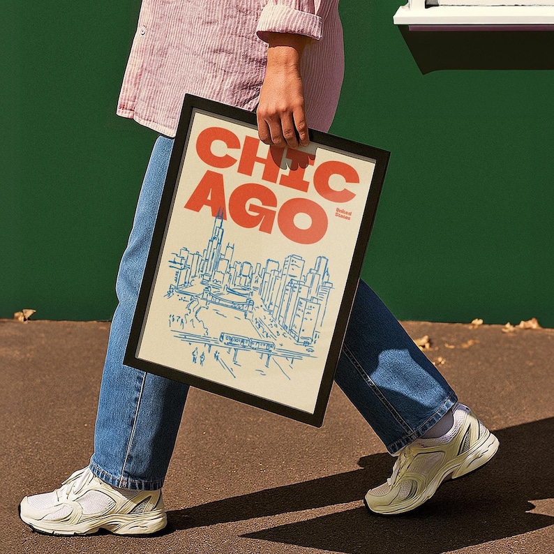Chicago Illinois illustratie print, retro stad schets kunst aan de muur in rood, blauw, groen, roze afbeelding 11